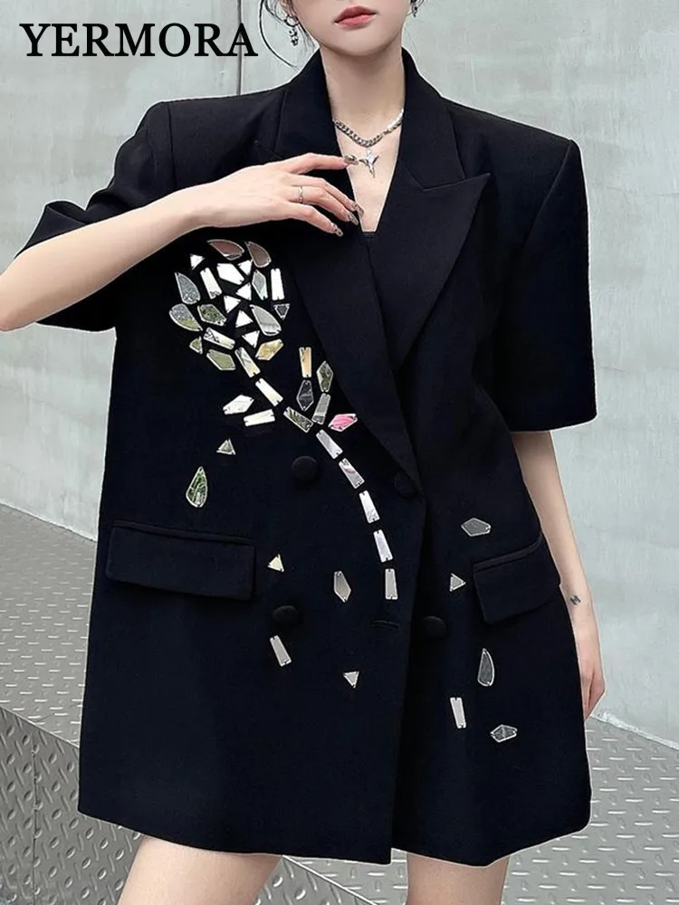 YERMORA Black Rhinestone Flower Button Causal Blazer For Women Lapel Half Sleeve Loose New Jacket Fashion Spring Summer 2025
YERMORA Black Rhinestone Flower Button Causal Blazer For Women Lapel Half Sleeve Loose New Jacket Fashion Spring Summer 2025