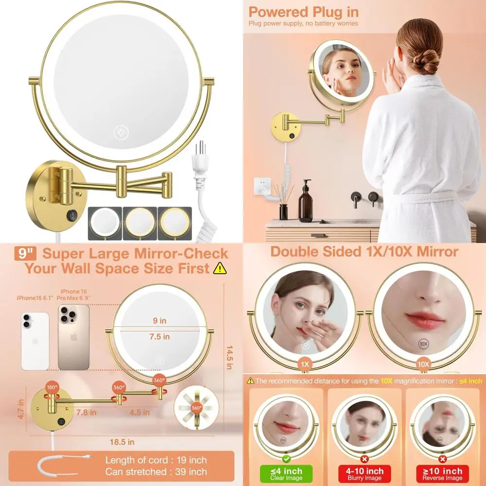 9 Wall-Mounted LED Makeup Mirror with 1X/10X Magnification, 2-Sided, 3 Color Lighting, Touch-Dimmable, Extendable Arm, 360° Rota
9 Wall-Mounted LED Makeup Mirror with 1X/10X Magnification, 2-Sided, 3 Color Lighting, Touch-Dimmable, Extendable Arm, 360° Rota