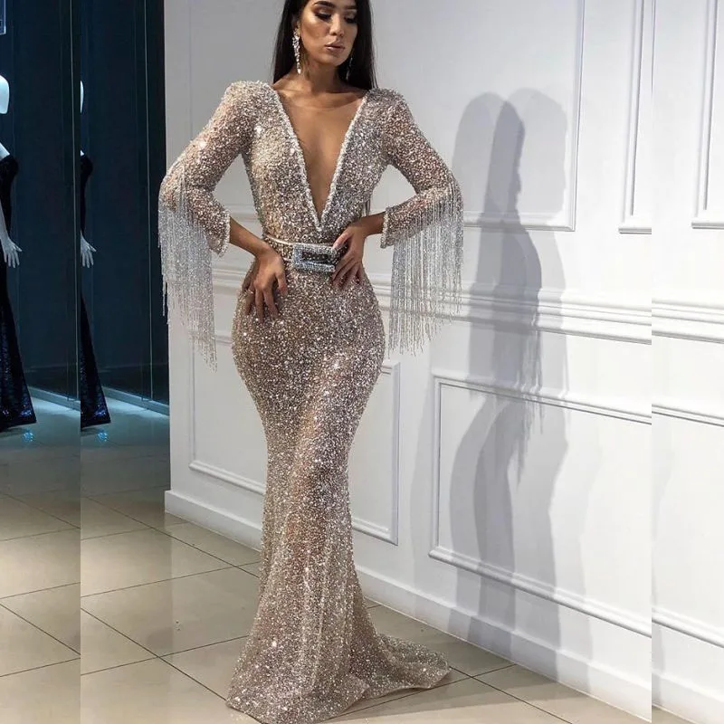 Sexy V-Neck Sparkly Evening Dresses Luxury Long Sleeve Sweep Train Tassel Mermaid Glitter Formal Party Women Dress Vestidos 2025
Sexy V-Neck Sparkly Evening Dresses Luxury Long Sleeve Sweep Train Tassel Mermaid Glitter Formal Party Women Dress Vestidos 2025