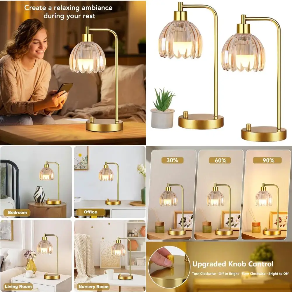 Пара прикроватных светильников в стиле бохо с регулируемой яркостью, золотистые, с янтарными абажурами в форме тюльпанов, для винтажного декора в стиле середины века.
Пара прикроватных светильников в стиле бохо с регулируемой яркостью, золотистые, с янтарными абажурами в форме тюльпанов, для винтажного декора в стиле середины века.