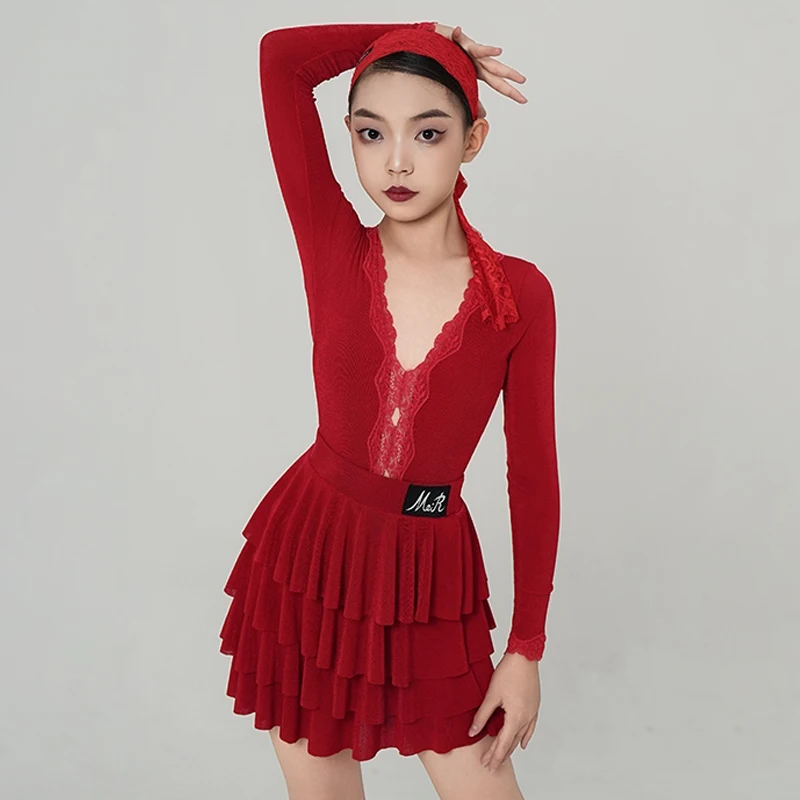 Girls Red Latin Dance Clothes Lace V Neck Long Sleeves Tops Ruffled Skirt Kids Latin Dance Perform Competition Dresses DNV25020
Girls Red Latin Dance Clothes Lace V Neck Long Sleeves Tops Ruffled Skirt Kids Latin Dance Perform Competition Dresses DNV25020