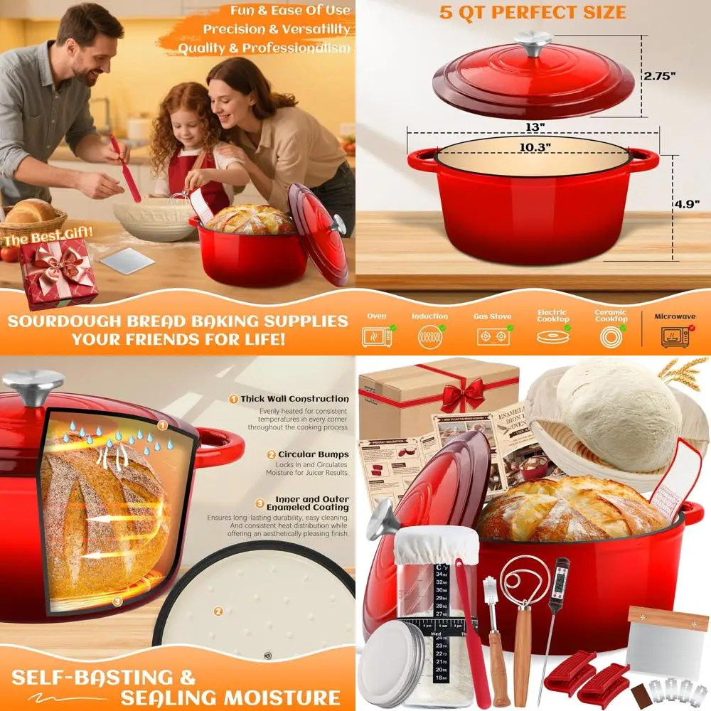 5-Quart Enamel Dutch Oven with Lid, Sourdough Bread Baking Kit, Banneton, Starter Jar, Lame, Oven-Safe to 500°F
5-Quart Enamel Dutch Oven with Lid, Sourdough Bread Baking Kit, Banneton, Starter Jar, Lame, Oven-Safe to 500°F
