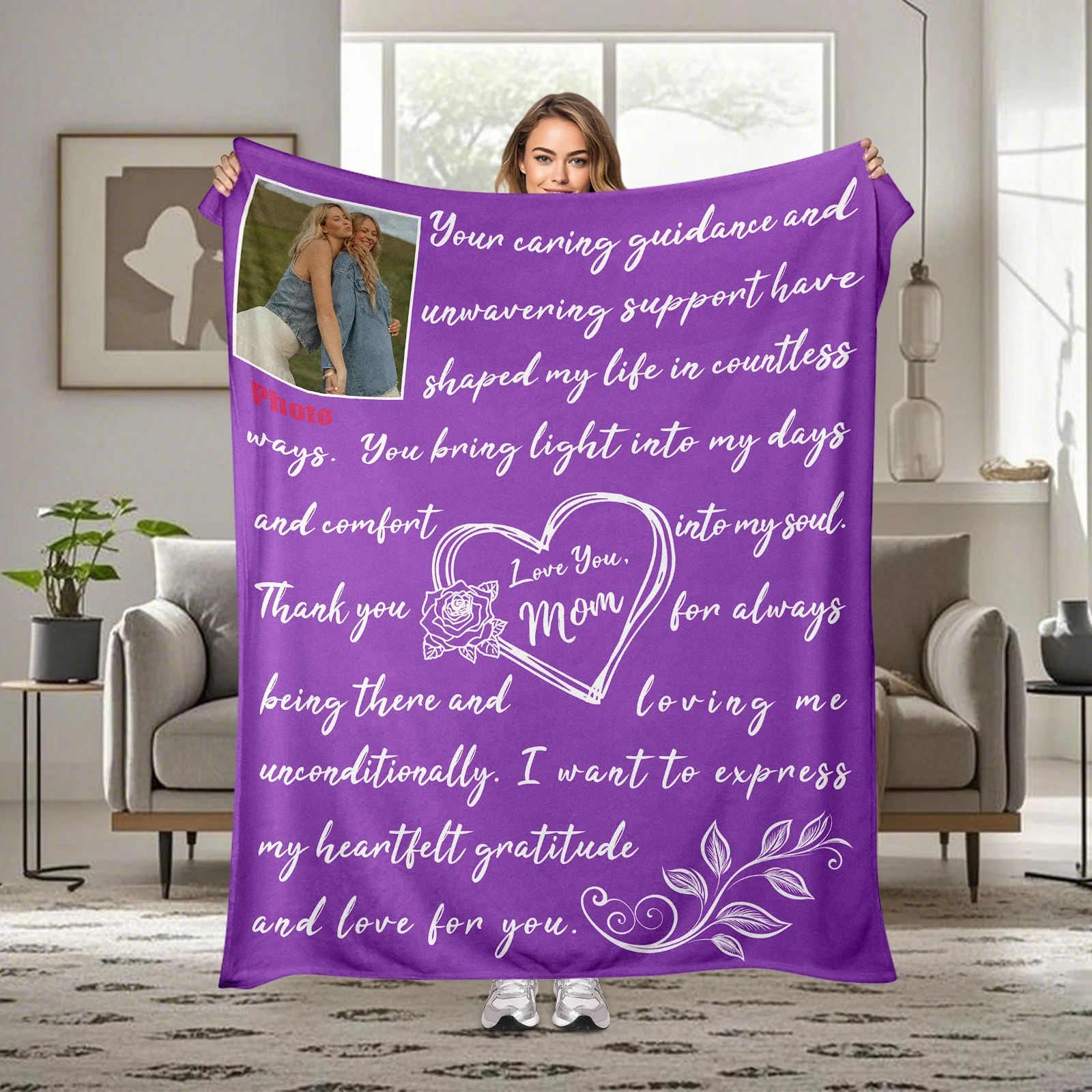 Custom Mother Photo Blanket Purple Floral Design Personalized "Love You Mom" Text & Daughter Memory Gift for Mother's Day
Custom Mother Photo Blanket Purple Floral Design Personalized "Love You Mom" Text & Daughter Memory Gift for Mother's Day