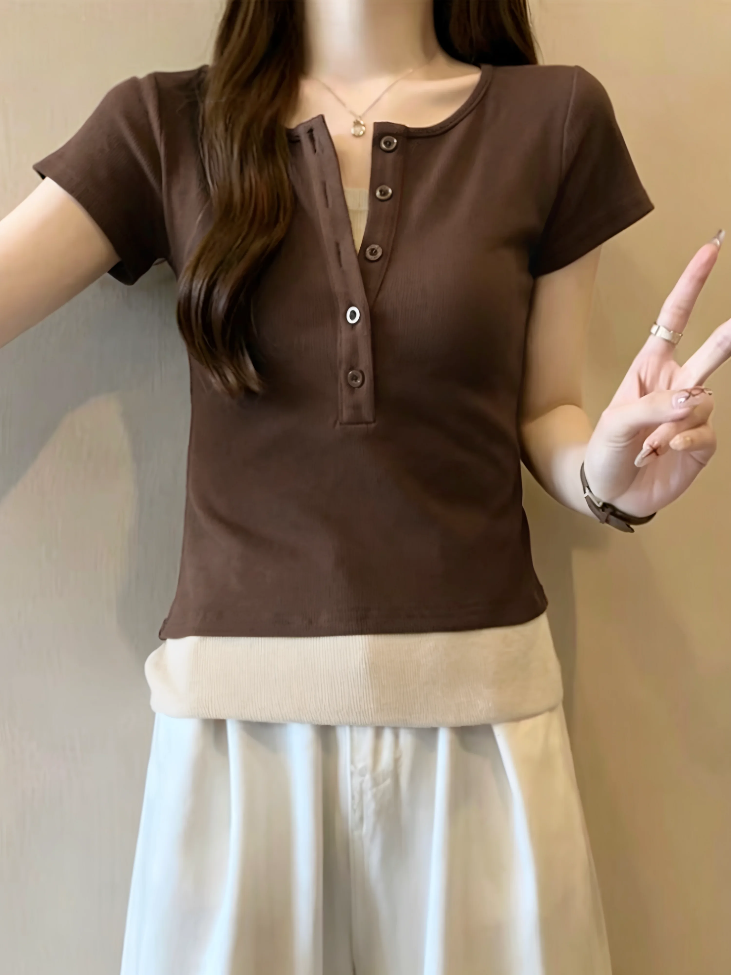 Summer Short Sleeve T-Shirt 95 Cotton Henry Collar Women's Fashion Basic Color plus Size Casual Comfortable Top
Summer Short Sleeve T-Shirt 95 Cotton Henry Collar Women's Fashion Basic Color plus Size Casual Comfortable Top
