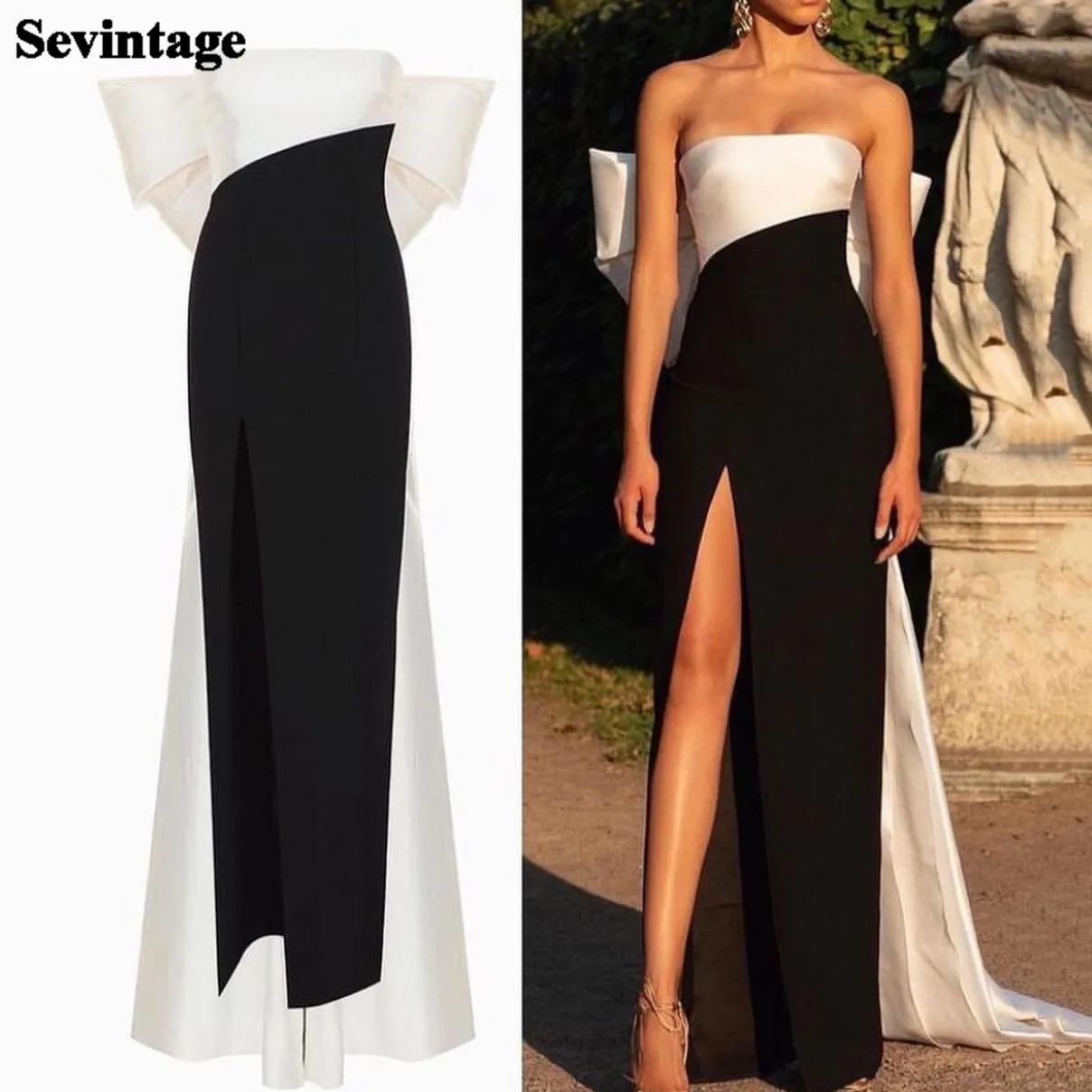 Sevintage Black Ivory Sheath Prom Dresses Strapless Satin Fashion Outfits Big Bow High Slit Side Evening Party Gowns Women Wear
Sevintage Black Ivory Sheath Prom Dresses Strapless Satin Fashion Outfits Big Bow High Slit Side Evening Party Gowns Women Wear