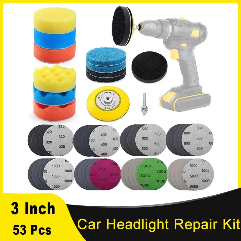3 Inch Car Headlight Repair Kit 53 Pcs Grit 320-5000 Headlights Sanding Sheets with 1/4” Shank Backing Buffing Sponge Pads
3 Inch Car Headlight Repair Kit 53 Pcs Grit 320-5000 Headlights Sanding Sheets with 1/4” Shank Backing Buffing Sponge Pads