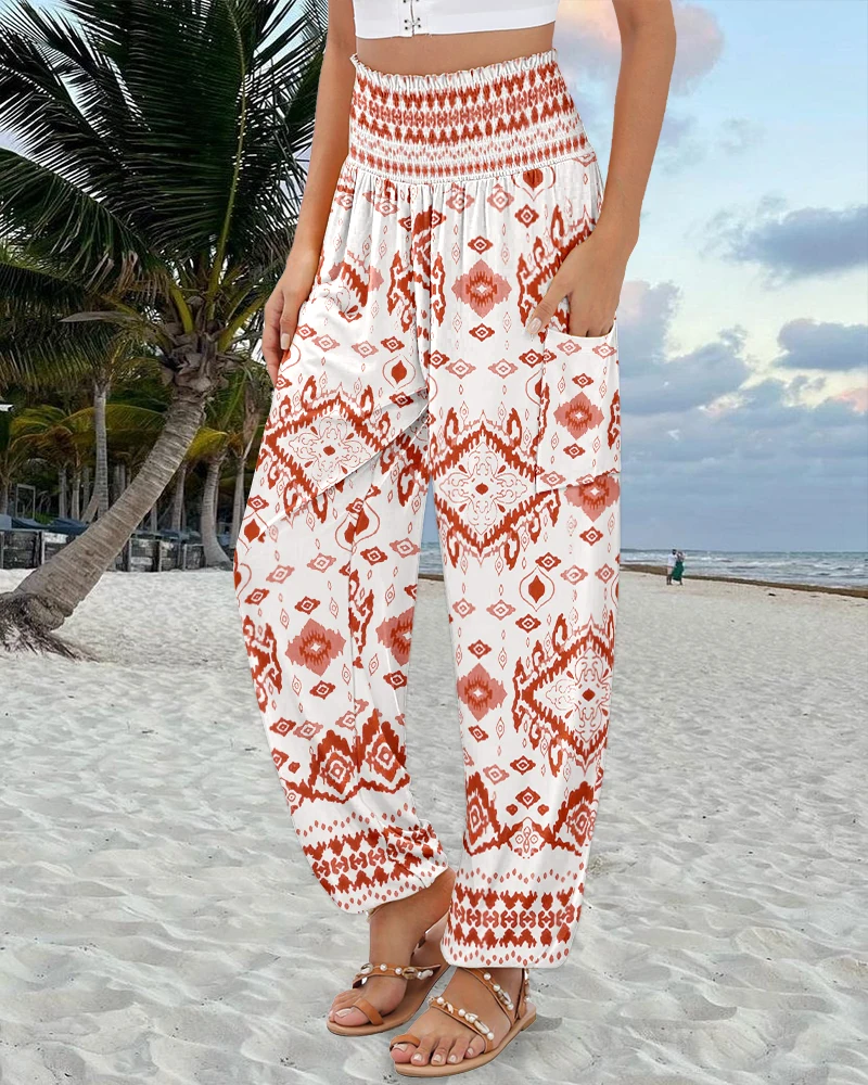 Women's Trousers Summer Tribal Print Shirred High Waist Cinched Hem Long Pants Vacation Pants with Pocket for Women Clothing
Women's Trousers Summer Tribal Print Shirred High Waist Cinched Hem Long Pants Vacation Pants with Pocket for Women Clothing