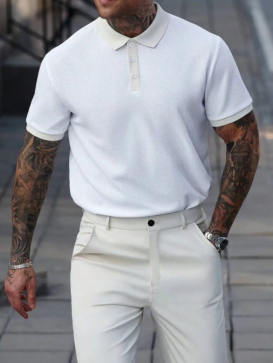 Men's White Textured Short Sleeve Polo Shirt with Contrast Collar and Cuffs
Men's White Textured Short Sleeve Polo Shirt with Contrast Collar and Cuffs