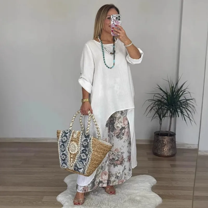 Chic Solid Color Loose Pullover & Retros Floral Print Pants Suit Long Sleeve Set Woman 2 Piece Irregular Tops Wide Leg Pant Sets
Chic Solid Color Loose Pullover & Retros Floral Print Pants Suit Long Sleeve Set Woman 2 Piece Irregular Tops Wide Leg Pant Sets