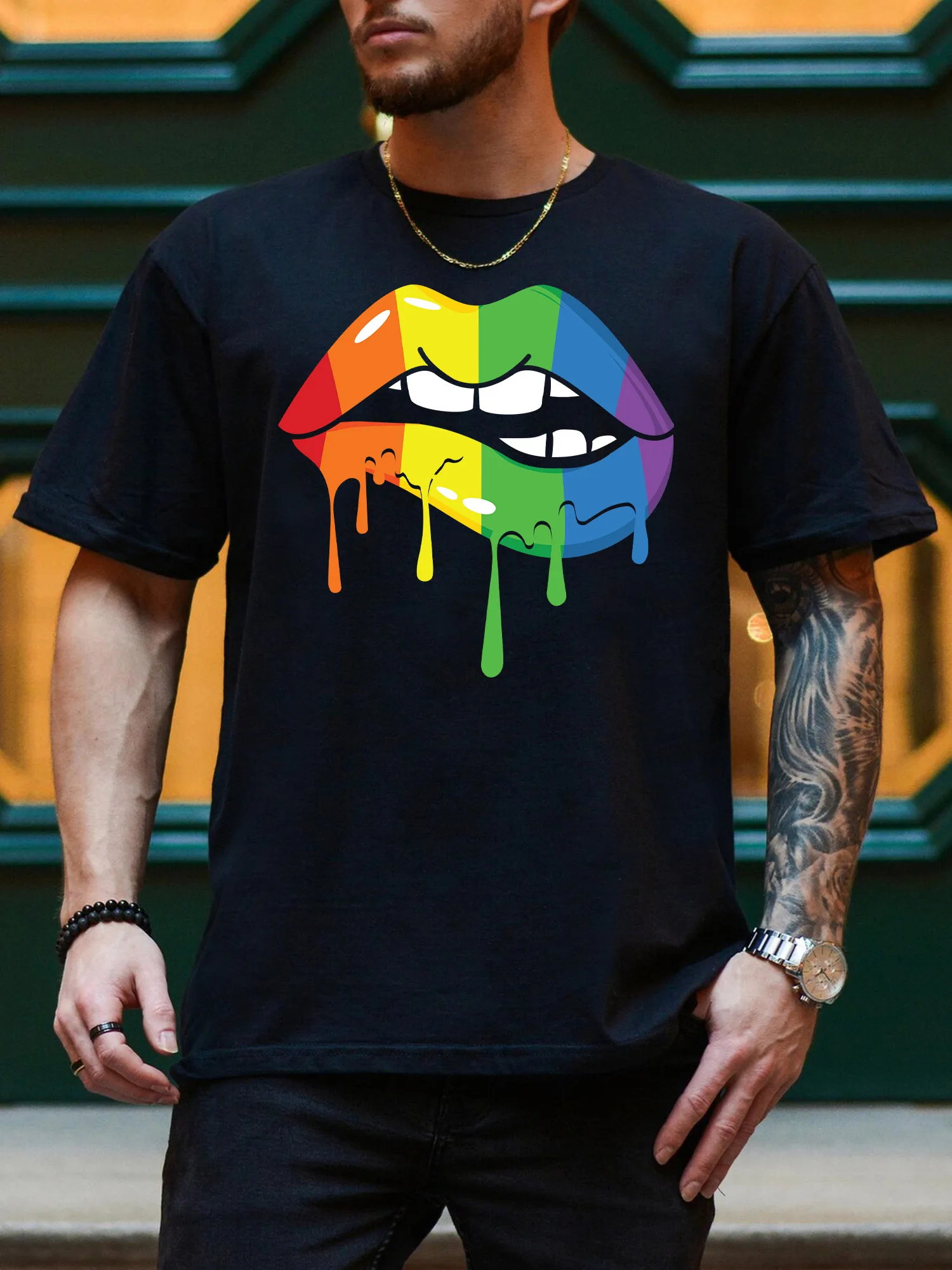 Мужская футболка с рисунком Rainbow Lips, повседневная черная футболка из чистого хлопка, легкая футболка с круглым вырезом
Мужская футболка с рисунком Rainbow Lips, повседневная черная футболка из чистого хлопка, легкая футболка с круглым вырезом