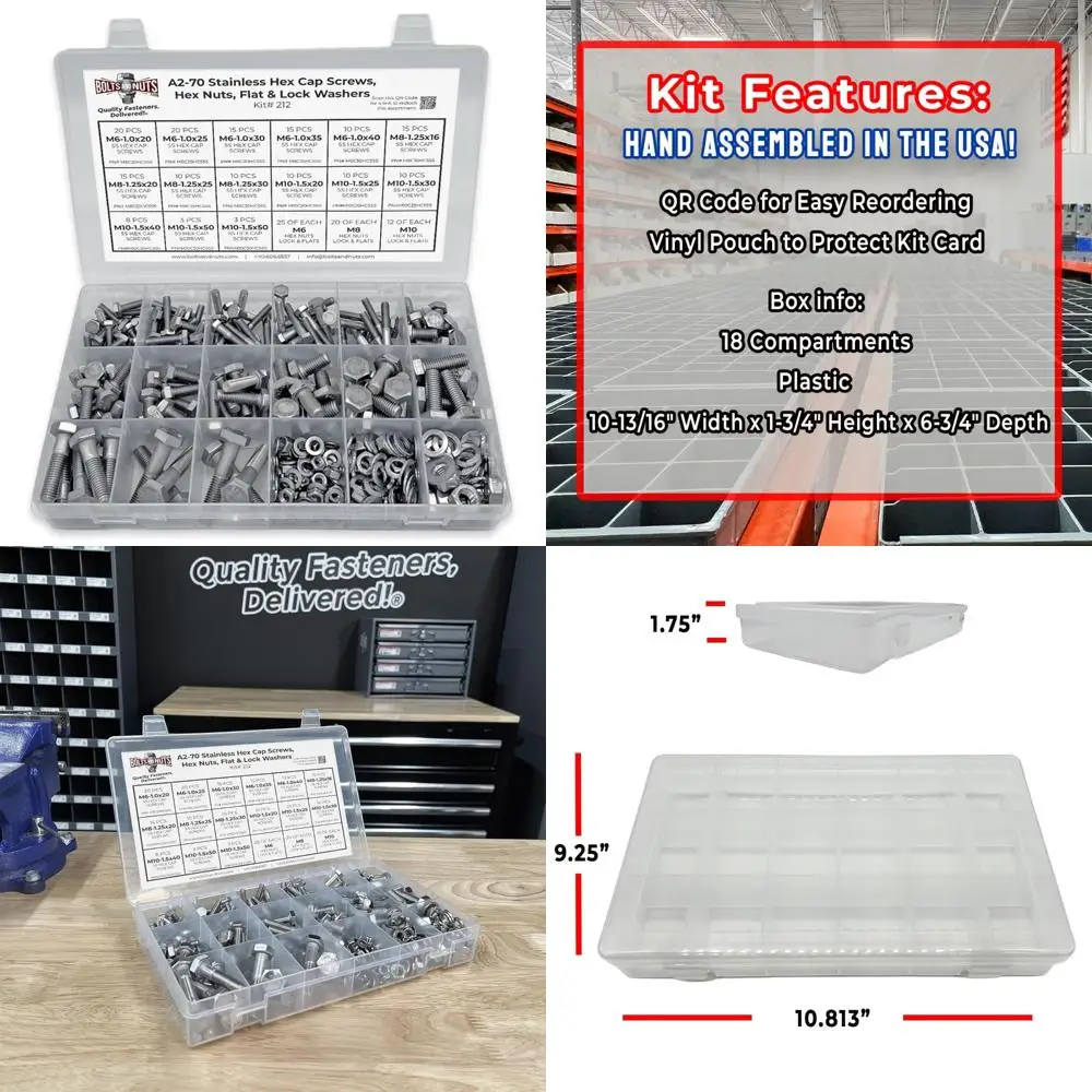 Stainless Steel Hex Cap Screws, Bolts, Nuts, and Washers Set - 341 Pieces, Metric A2-70, Complete Hardware Kit
Stainless Steel Hex Cap Screws, Bolts, Nuts, and Washers Set - 341 Pieces, Metric A2-70, Complete Hardware Kit
