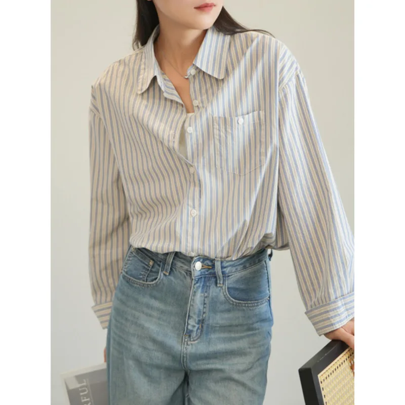 Women Blue Striped Shirts Autumn Turn Down Collar Loose Pocket Long Sleeve Korean Casual Shirt
Women Blue Striped Shirts Autumn Turn Down Collar Loose Pocket Long Sleeve Korean Casual Shirt