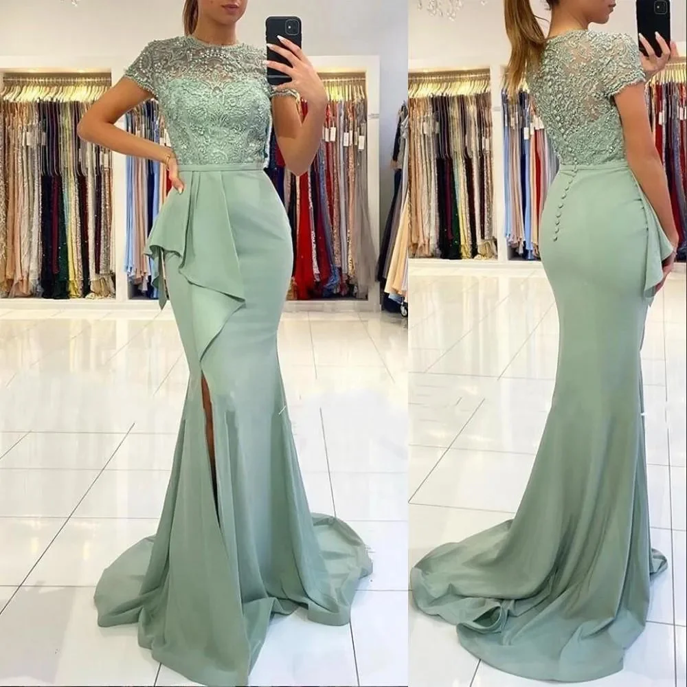 Green Evening Dresses Short Sleeves Peplum Lace Applique Mermaid Chiffon Side Slit Sweep Train Chiffon Prom Party Gown vestido
Green Evening Dresses Short Sleeves Peplum Lace Applique Mermaid Chiffon Side Slit Sweep Train Chiffon Prom Party Gown vestido