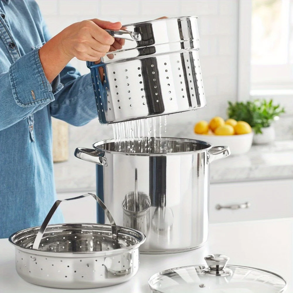 Stainless steel 8 quart multifunctional cookware with glass cover, stylish design for delicious food
Stainless steel 8 quart multifunctional cookware with glass cover, stylish design for delicious food