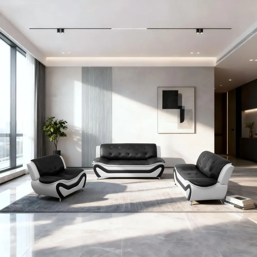 3-Piece Modern Living Room Set: Leather Couch, Chair, and Loveseat in Black & White
3-Piece Modern Living Room Set: Leather Couch, Chair, and Loveseat in Black & White