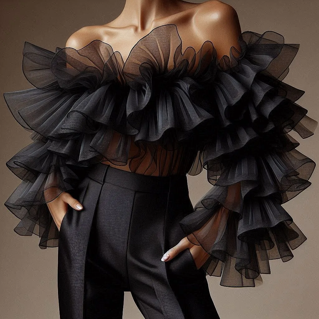 Черная блузка с открытыми плечами, многоярусными оборками, пышной юбкой-туту, длинными рукавами и сетчатыми вставками для вечеринок
Черная блузка с открытыми плечами, многоярусными оборками, пышной юбкой-туту, длинными рукавами и сетчатыми вставками для вечеринок