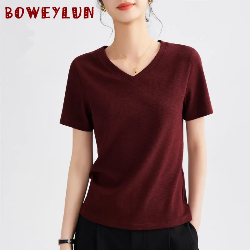 BOWEYLUNV Solid color V-neck Casual Short-sleeved T-shirt Women Summer New Skin-friendly Breathable Tops Female
BOWEYLUNV Solid color V-neck Casual Short-sleeved T-shirt Women Summer New Skin-friendly Breathable Tops Female