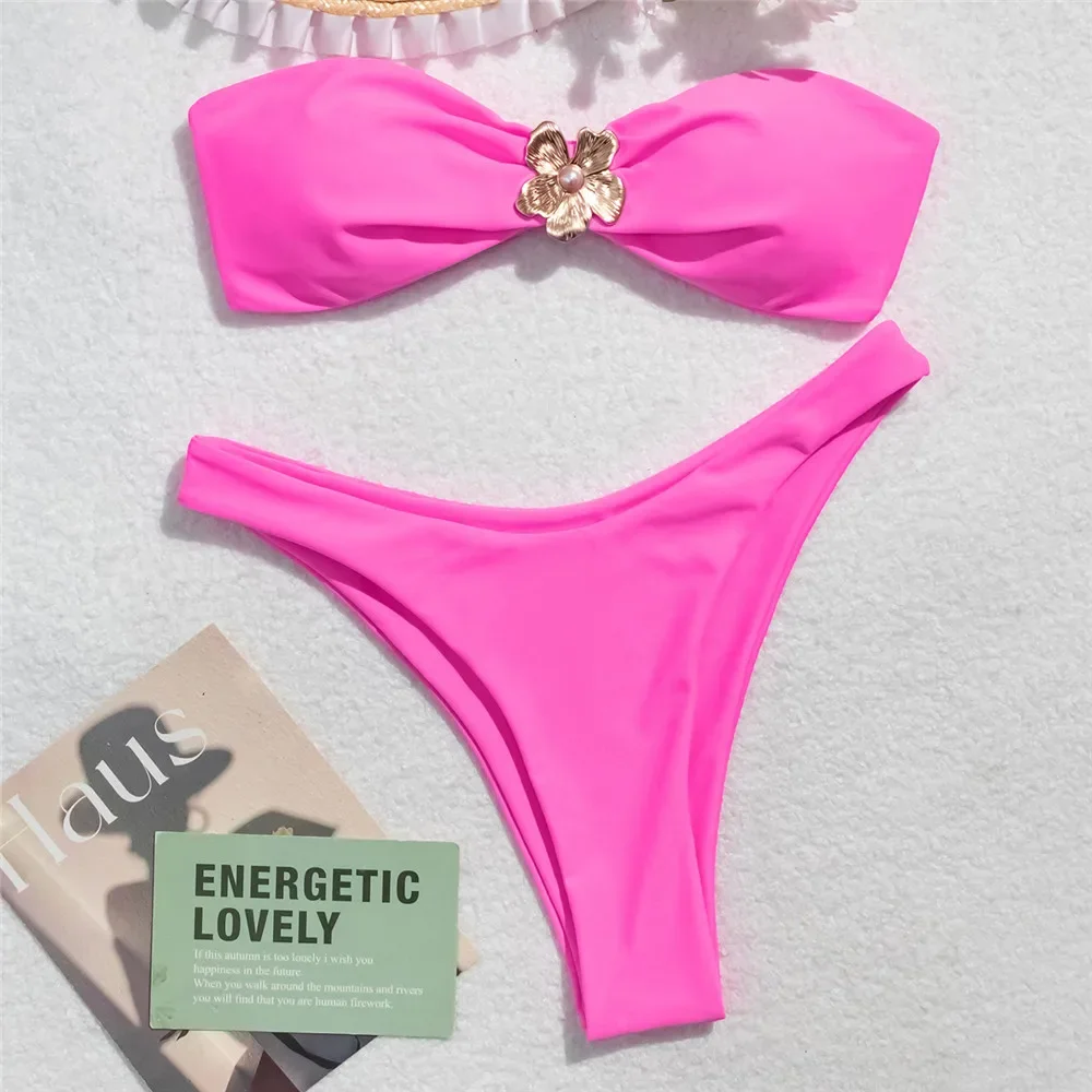 Metal 3D Flower Pink Sexy Bandeau Bikinis Sets Woman 2025 Pink Solid Swimwears Strapless Swimsuit High Cut Bather Biquini Bikini
Metal 3D Flower Pink Sexy Bandeau Bikinis Sets Woman 2025 Pink Solid Swimwears Strapless Swimsuit High Cut Bather Biquini Bikini