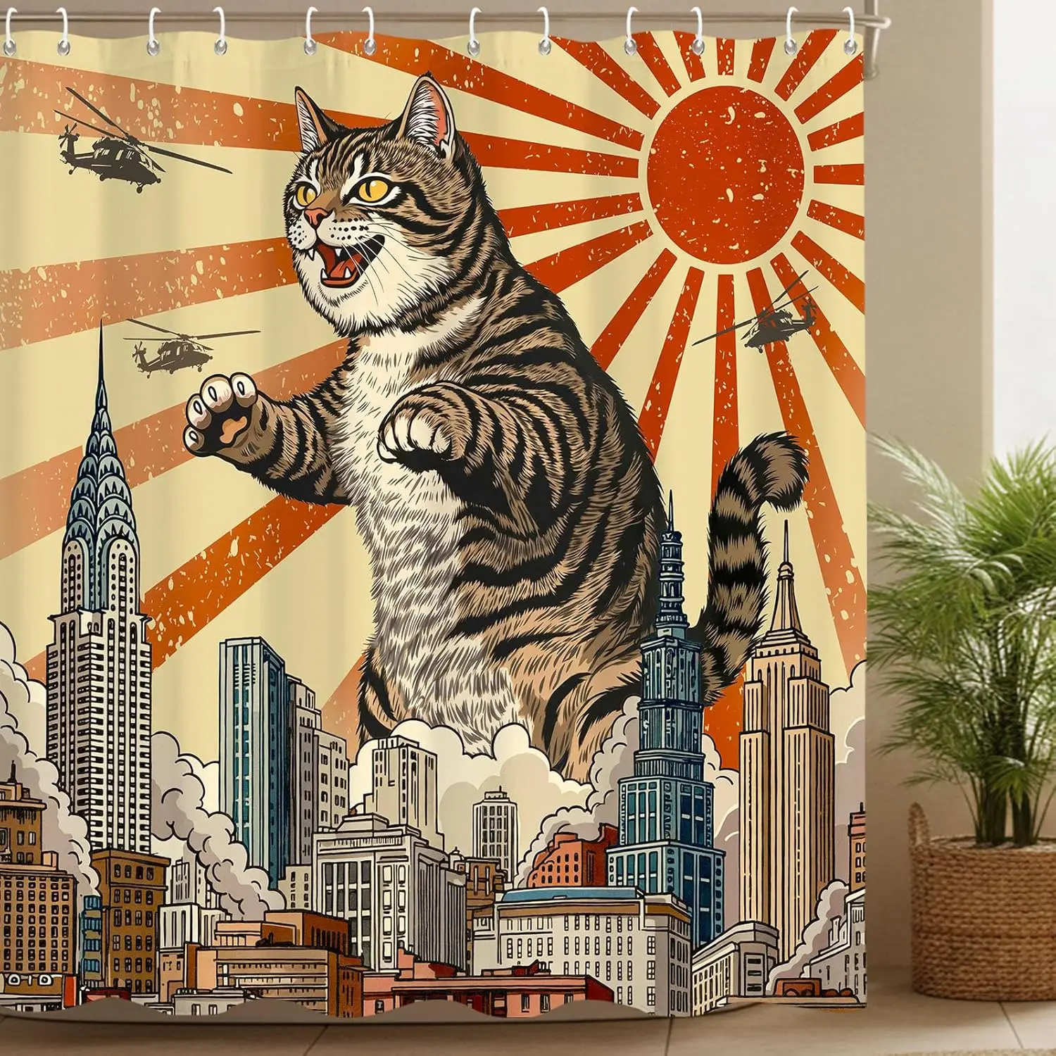 Giant Cat City Attack Shower Curtain with Helicopters and Skyscrapers Funny Art Print
Giant Cat City Attack Shower Curtain with Helicopters and Skyscrapers Funny Art Print