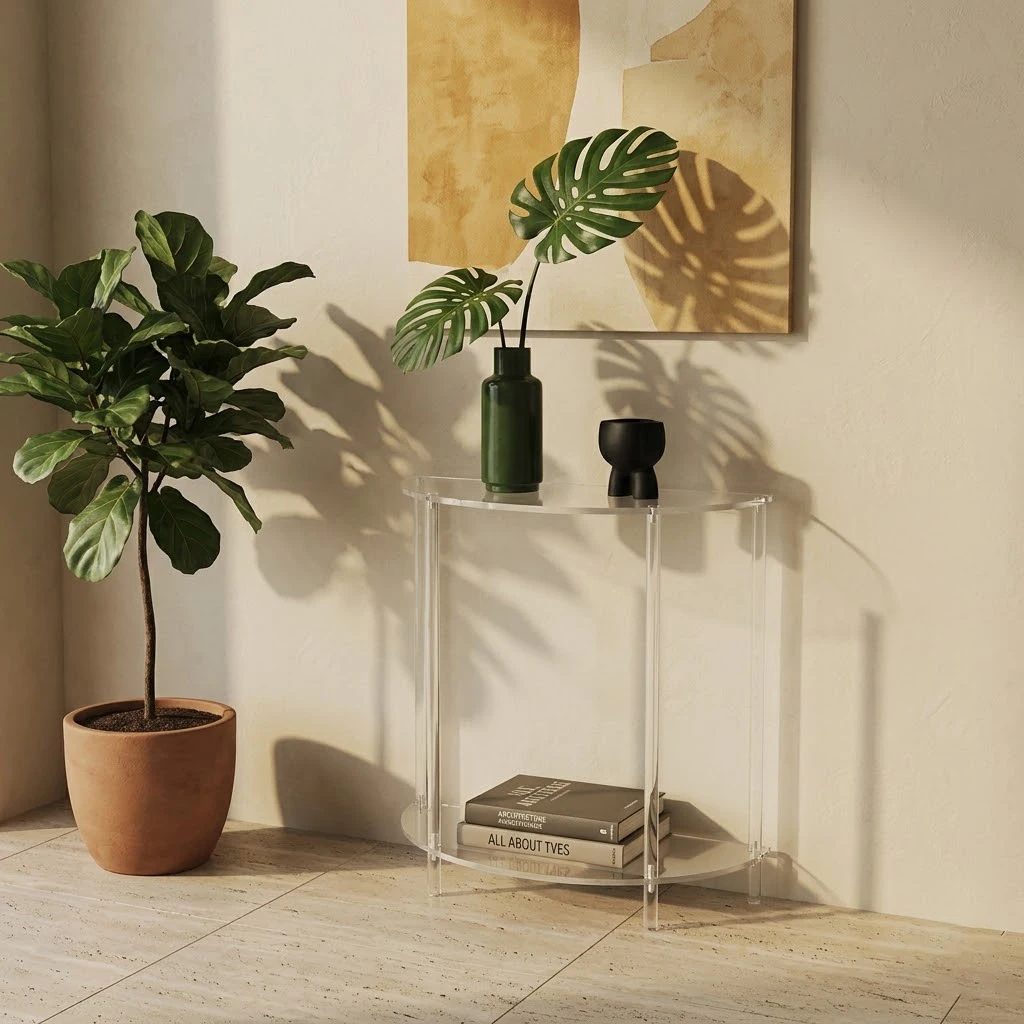 Clear Acrylic Console Table 15.7x19.7 Inch, 2-Tier Half Moon Entryway Table, Lucite Behind Sofa Table for Foyer Hallway Living Room Bedroom, Small Transparent Side Table Easy Assembly
Clear Acrylic Console Table 15.7x19.7 Inch, 2-Tier Half Moon Entryway Table, Lucite Behind Sofa Table for Foyer Hallway Living Room Bedroom, Small Transparent Side Table Easy Assembly