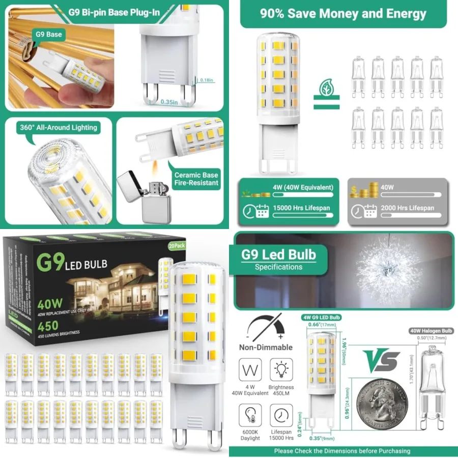 G9 LED Bulb 4W, 40 Watt Equivalent Halogen, 6000K Daylight Chandelier Light Bulbs, T4 G9 Bi-pin Base for Crystal Chandelier Hom
G9 LED Bulb 4W, 40 Watt Equivalent Halogen, 6000K Daylight Chandelier Light Bulbs, T4 G9 Bi-pin Base for Crystal Chandelier Hom