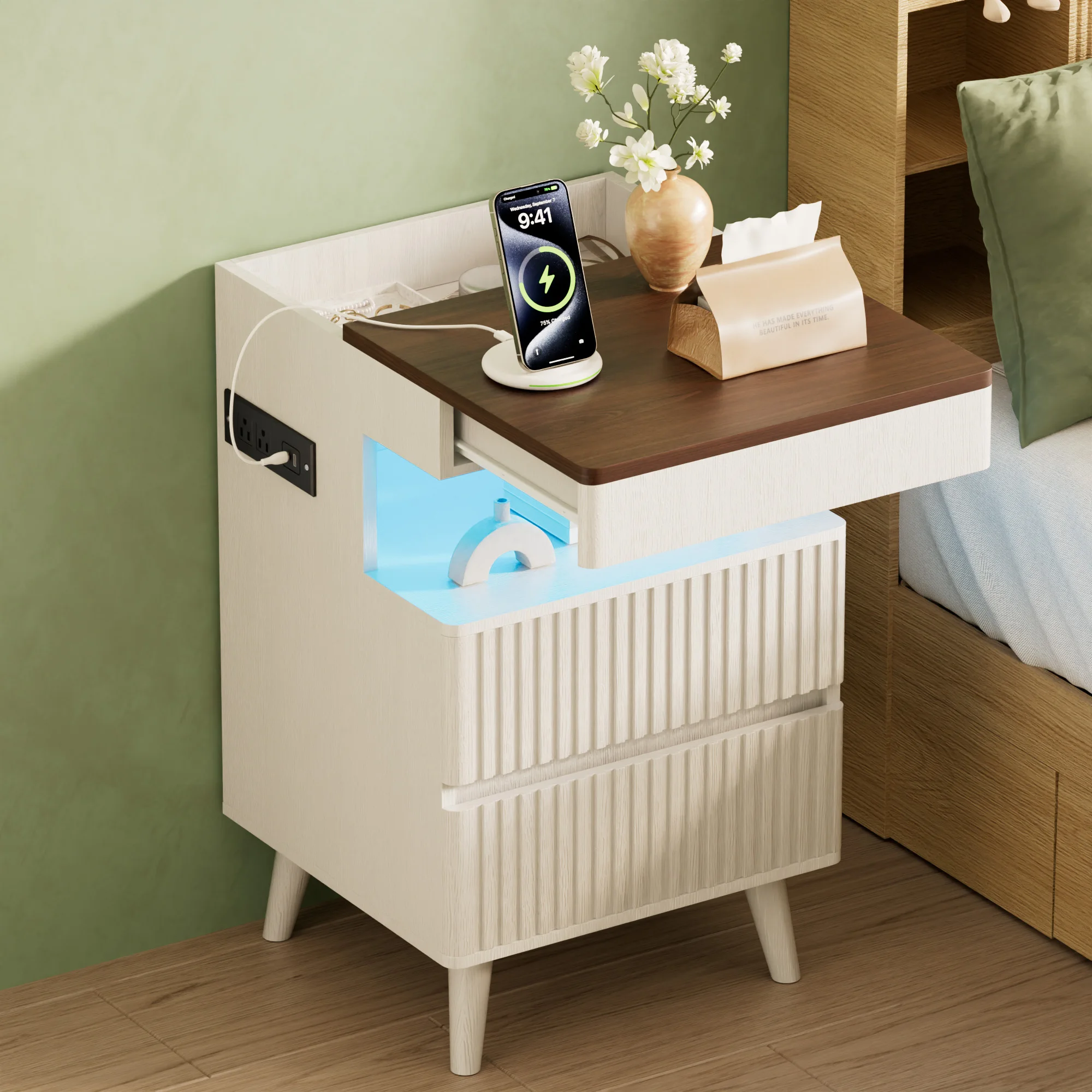 Modern nightstands with a hidden design, featuring a pull-out tabletop, charging station, drawers, and open shelving
Modern nightstands with a hidden design, featuring a pull-out tabletop, charging station, drawers, and open shelving