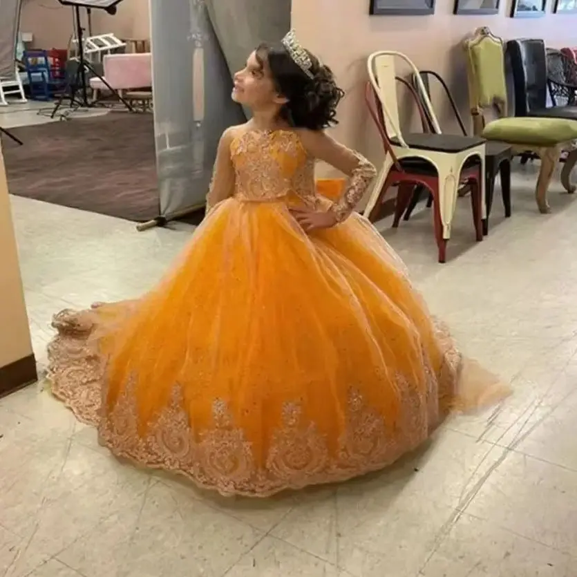Orange Flower Girl Dresses for Wedding Bow Lace Appliques Full Sleeves Ball Gown Floor Length Baby Girl Birthday Ball Gowns
Orange Flower Girl Dresses for Wedding Bow Lace Appliques Full Sleeves Ball Gown Floor Length Baby Girl Birthday Ball Gowns