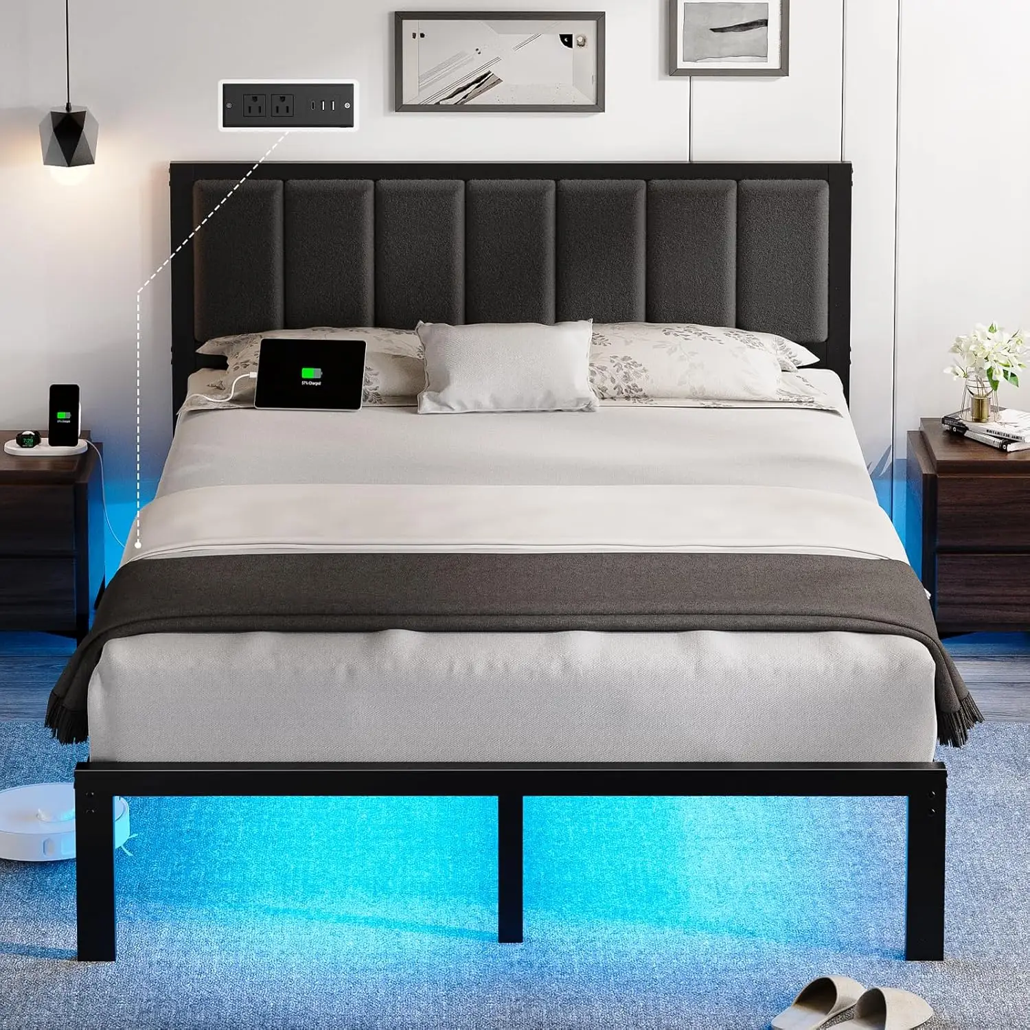 Queen Bed Frame with Headboard Metal Platform Bed Queen Size with USB Charging Station and LED Lights, No Box Spring Needed
Queen Bed Frame with Headboard Metal Platform Bed Queen Size with USB Charging Station and LED Lights, No Box Spring Needed