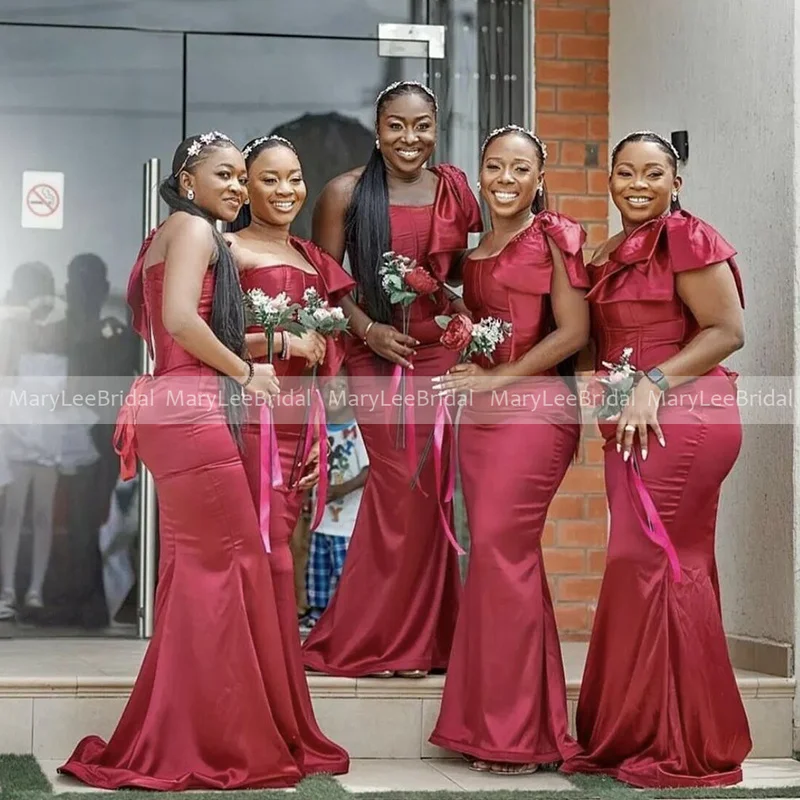 One Shoulder Red Bridesmaid Dresses with Bow Tie African Women Plus Size Mermaid Satin Wedding Party Dress Maid of Honor Gowns
One Shoulder Red Bridesmaid Dresses with Bow Tie African Women Plus Size Mermaid Satin Wedding Party Dress Maid of Honor Gowns