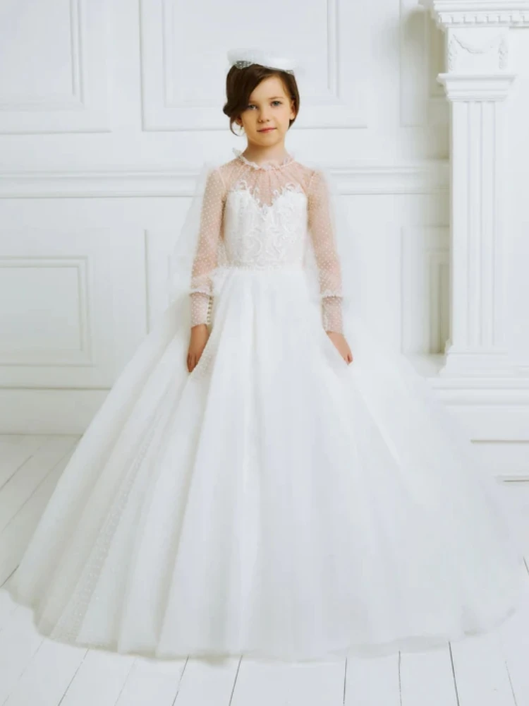 Flower Girl Dress White Tulle Polka Dot Skirt With Tailing Long Sleeve For Wedding Birthday Party Banquet Princess Gowns
Flower Girl Dress White Tulle Polka Dot Skirt With Tailing Long Sleeve For Wedding Birthday Party Banquet Princess Gowns