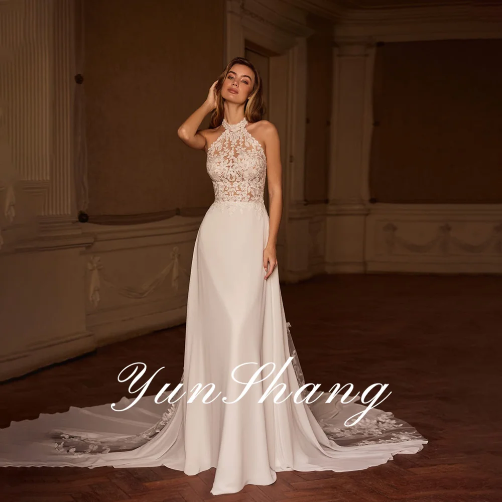 YunShang Customized Mermaid Satin Wedding Dresses 2026 Lace Halter Floor Length Sleeveless Glamorous Backless Train Bridal Gowns
YunShang Customized Mermaid Satin Wedding Dresses 2026 Lace Halter Floor Length Sleeveless Glamorous Backless Train Bridal Gowns