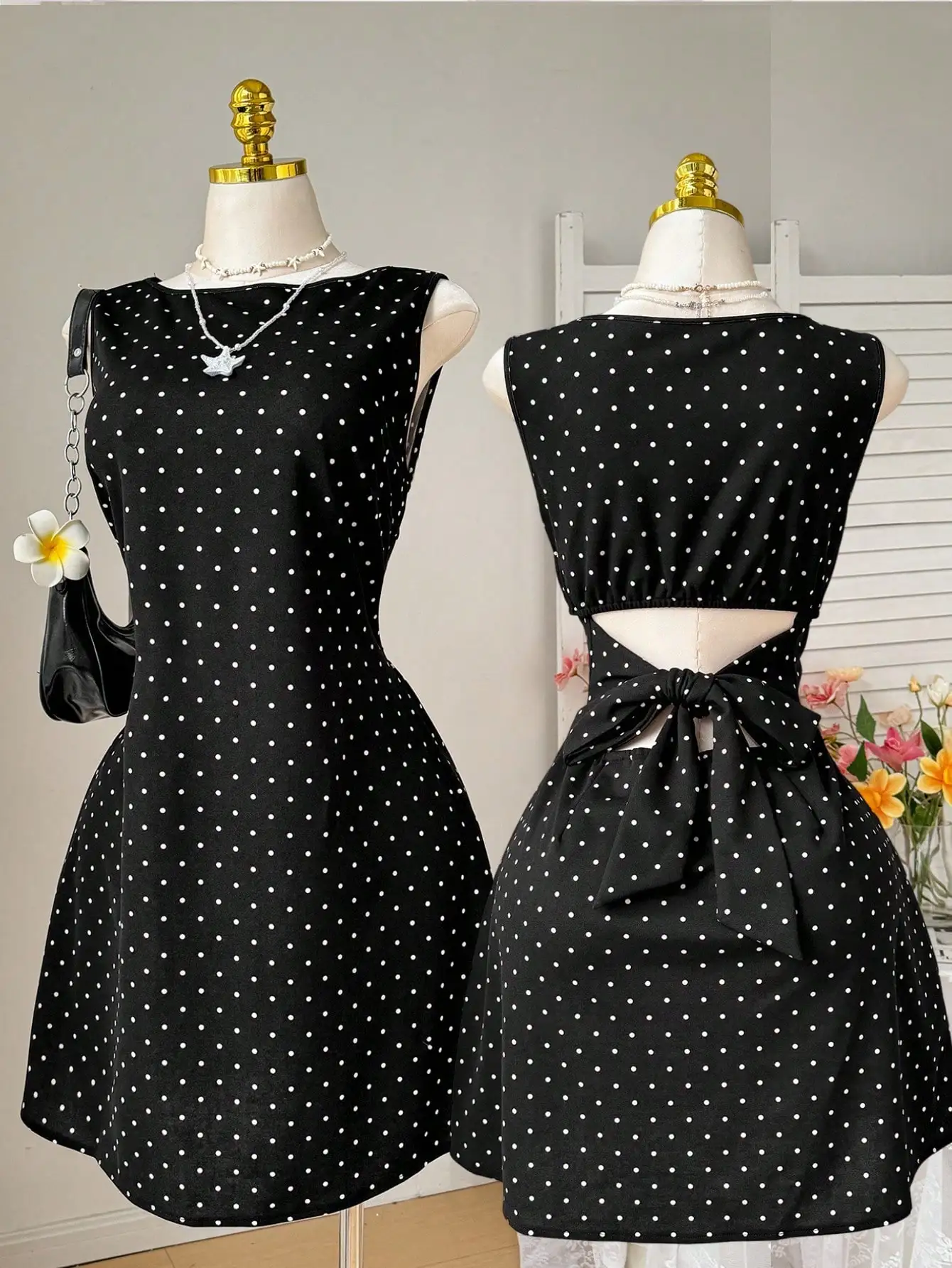 Black Polka Dot Sleeveless Dress With Back Cutout And Waist Tie, Plus Size Chic Outfit For Party, Date, Vacation, Summer To
Black Polka Dot Sleeveless Dress With Back Cutout And Waist Tie, Plus Size Chic Outfit For Party, Date, Vacation, Summer To