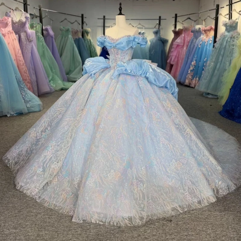 Небесно-голубое блестящее платье Quinceanera с открытыми плечами и блестками, аппликация, кружево, бисер, хрустальный бант, тюлевое платье для вечеринки, дня рождения, сладкое 16.
Небесно-голубое блестящее платье Quinceanera с открытыми плечами и блестками, аппликация, кружево, бисер, хрустальный бант, тюлевое платье для вечеринки, дня рождения, сладкое 16.