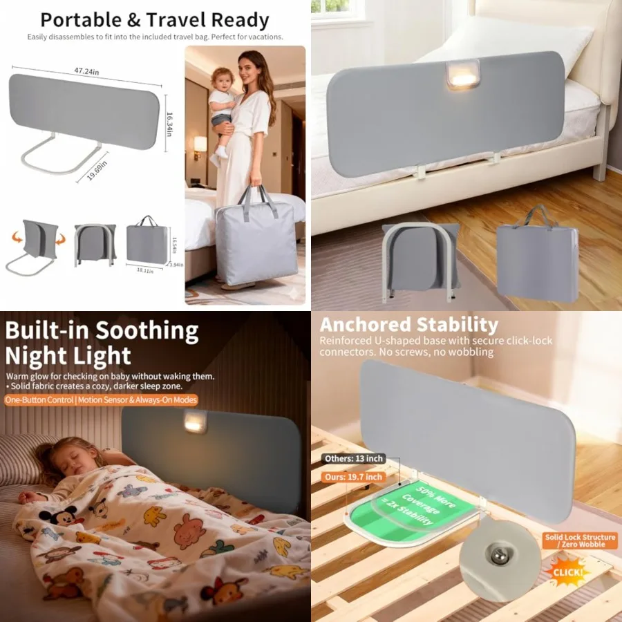 Travel Bed Rails for Toddlers with Motion Sensor Light, Foldable Toddler Bed Rail 48" Extra Long Safety Guard, Deep U-Shaped Ba
Travel Bed Rails for Toddlers with Motion Sensor Light, Foldable Toddler Bed Rail 48" Extra Long Safety Guard, Deep U-Shaped Ba