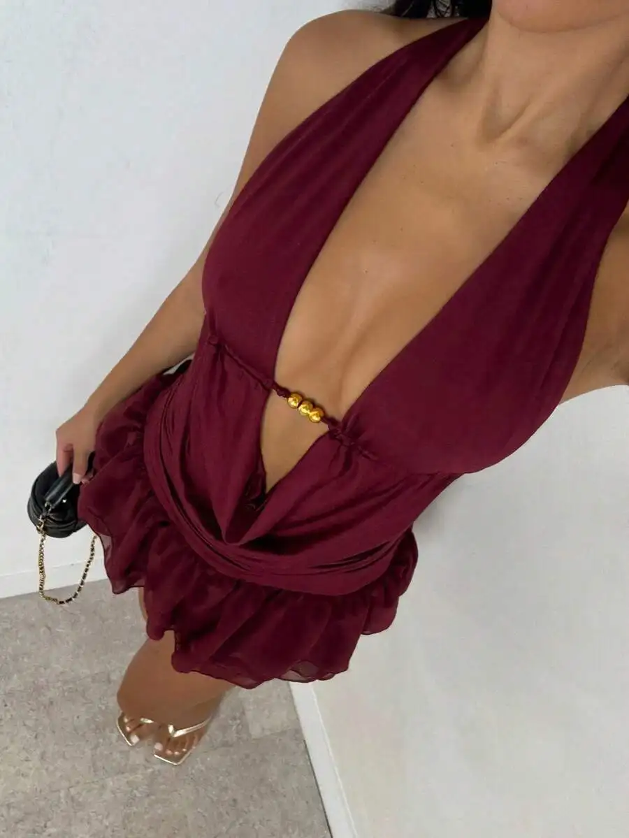 Burgundy Halter Neck Deep V-Neck Backless Mini Dress with Gold Bead Detail
Burgundy Halter Neck Deep V-Neck Backless Mini Dress with Gold Bead Detail
