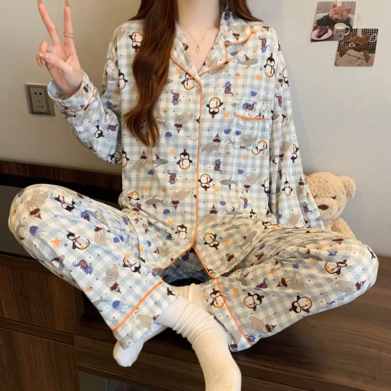 Women Spring Pajamas Set Korean Loose Sleepwear Long Sleeve Lapel Cute Cartoon Plaid Print Homewear Female Casual Loungewear
Women Spring Pajamas Set Korean Loose Sleepwear Long Sleeve Lapel Cute Cartoon Plaid Print Homewear Female Casual Loungewear