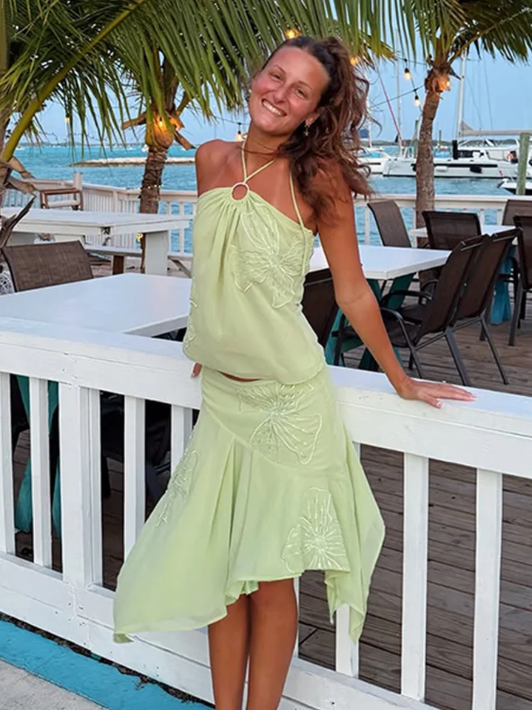 Trendy Boho Flowy Light Green Halter Two Piece Set Chic Off Shoulder Backless Top Asymmetrical Ruffle Skirt New Vacation Dress
Trendy Boho Flowy Light Green Halter Two Piece Set Chic Off Shoulder Backless Top Asymmetrical Ruffle Skirt New Vacation Dress