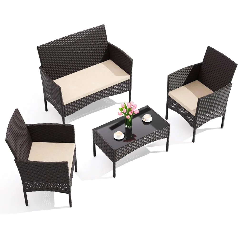 4-Piece Outdoor Patio Furniture Set, Wicker Rattan Chairs & Sofa with Cushions and Glass Coffee Table, Conversation Set for Bac
4-Piece Outdoor Patio Furniture Set, Wicker Rattan Chairs & Sofa with Cushions and Glass Coffee Table, Conversation Set for Bac