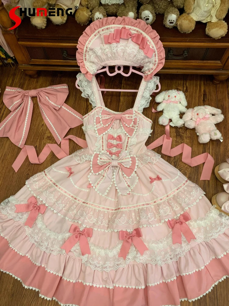 Sweet Girls Lolita Jsk Dress Cute Bow Lace Stitching Kawaii Sleeveless Mini Princess Dress Women Elegant Slim Suspender Dresses
Sweet Girls Lolita Jsk Dress Cute Bow Lace Stitching Kawaii Sleeveless Mini Princess Dress Women Elegant Slim Suspender Dresses