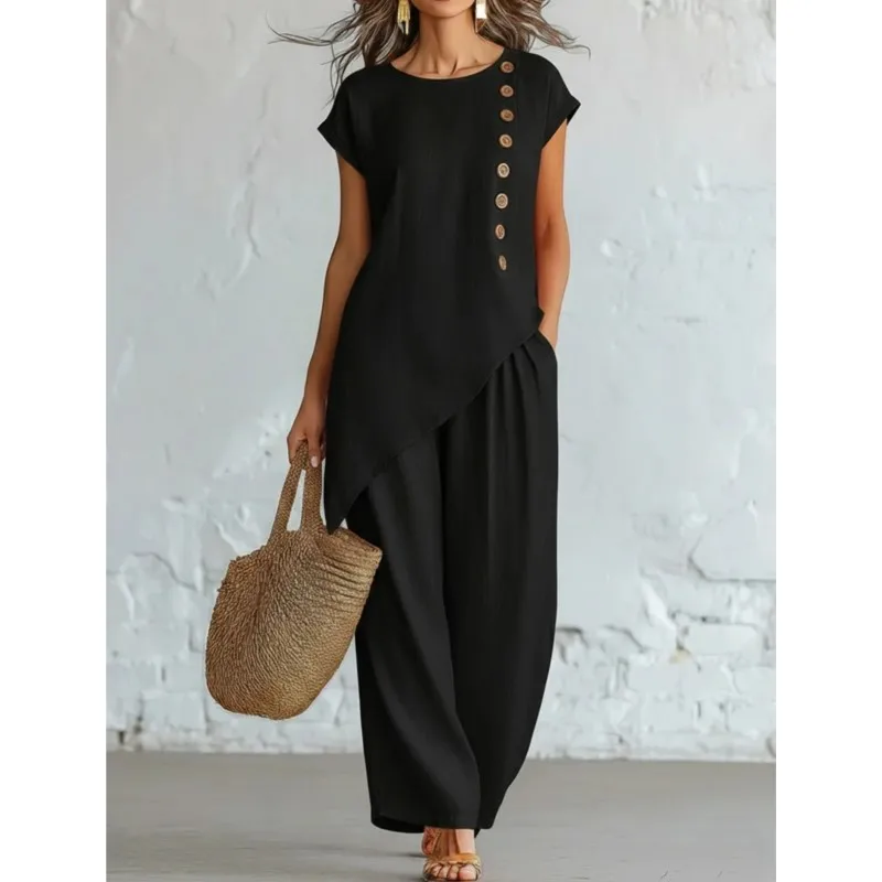 Summer Women's New Fashion Linen 2 Piece Asymmetric Hem Button Top and Wide Leg Pants Set
Summer Women's New Fashion Linen 2 Piece Asymmetric Hem Button Top and Wide Leg Pants Set