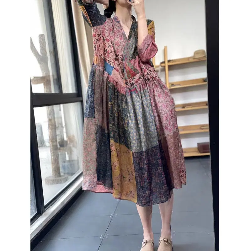 Vintage Printed V-Neck Spliced Folds Midi Dress Women's Clothing Summer New Oversized All-match Ladies Dresses
Vintage Printed V-Neck Spliced Folds Midi Dress Women's Clothing Summer New Oversized All-match Ladies Dresses