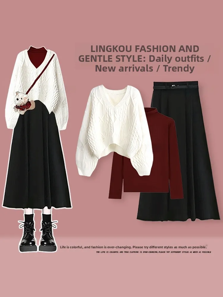 Korean Style Women's Autumn Winter Set V-neck Sweater Base Shirt Match Youthful Half Skirt Three-piece Set Body Type
Korean Style Women's Autumn Winter Set V-neck Sweater Base Shirt Match Youthful Half Skirt Three-piece Set Body Type