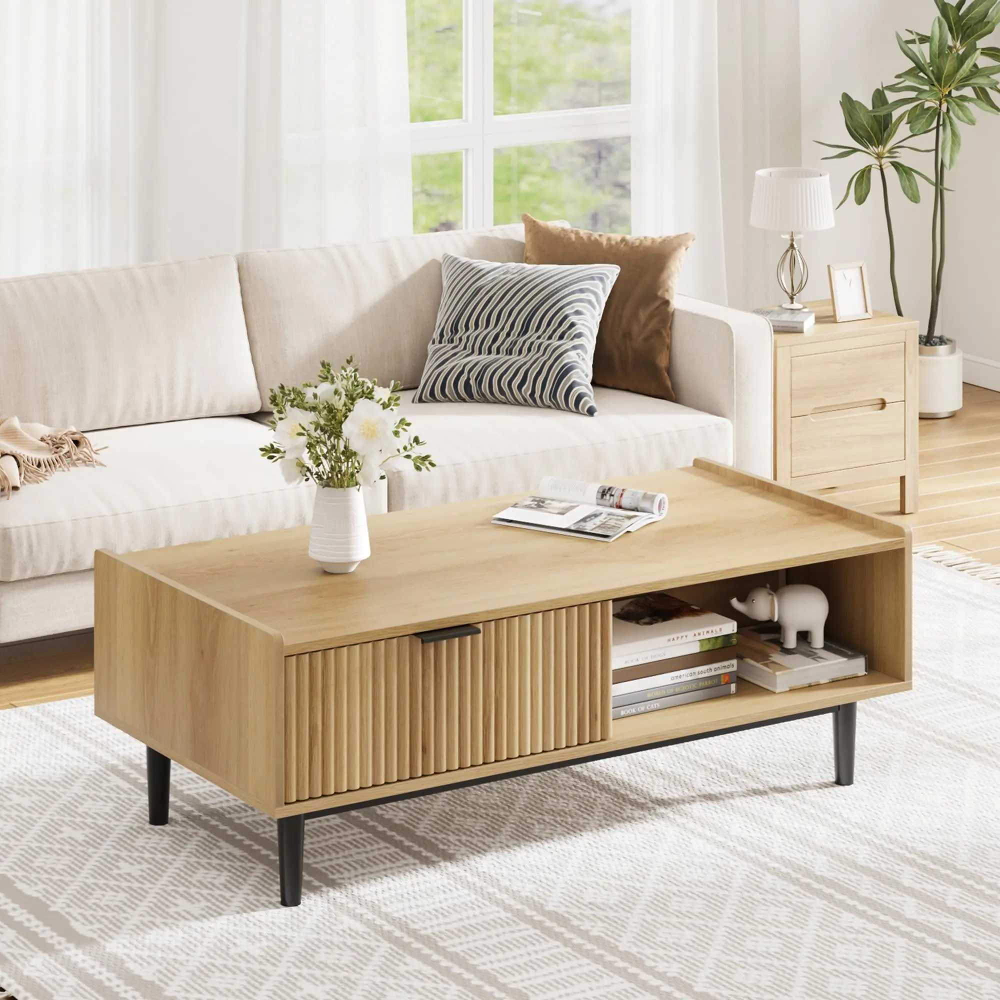 42.5" Coffee Table with Fluted Detailing ,Modern Design, Storage Drawer & Open Shelf, Quick Assembly
42.5" Coffee Table with Fluted Detailing ,Modern Design, Storage Drawer & Open Shelf, Quick Assembly