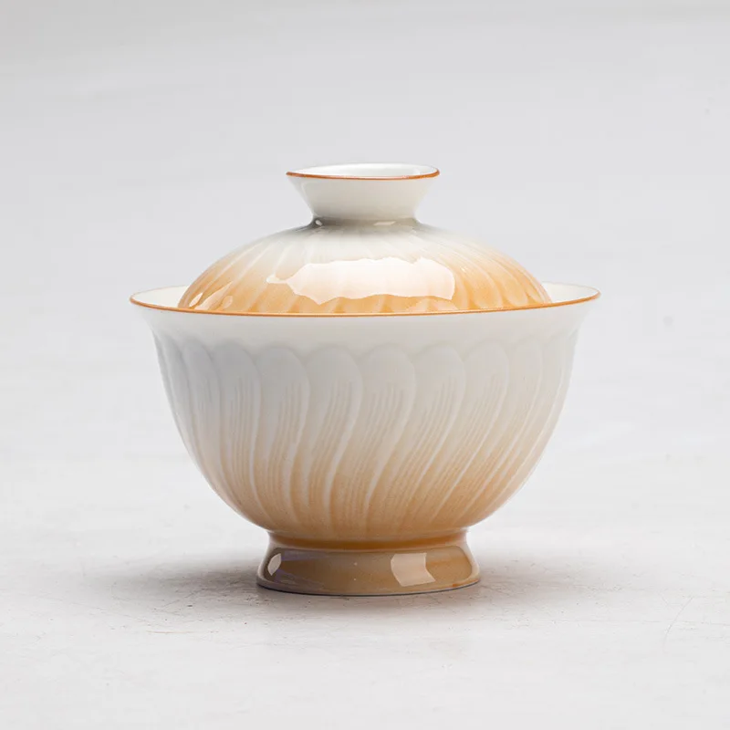 Gradient Color Ceramic Gaiwan Half Knife Clay Petal Pattern Antique Imitation Song Dynasty High Foot Carved Tea Bowl
Gradient Color Ceramic Gaiwan Half Knife Clay Petal Pattern Antique Imitation Song Dynasty High Foot Carved Tea Bowl