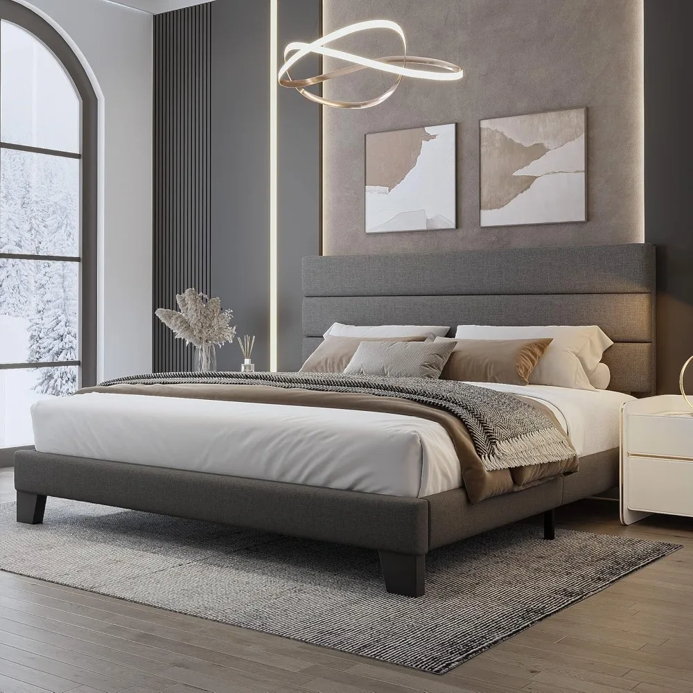 King Bed Frame Platform Bed with Linen Fabric Upholstered Headboard and Wooden Slats Support, Heavy Duty Mattress Foundation
King Bed Frame Platform Bed with Linen Fabric Upholstered Headboard and Wooden Slats Support, Heavy Duty Mattress Foundation
