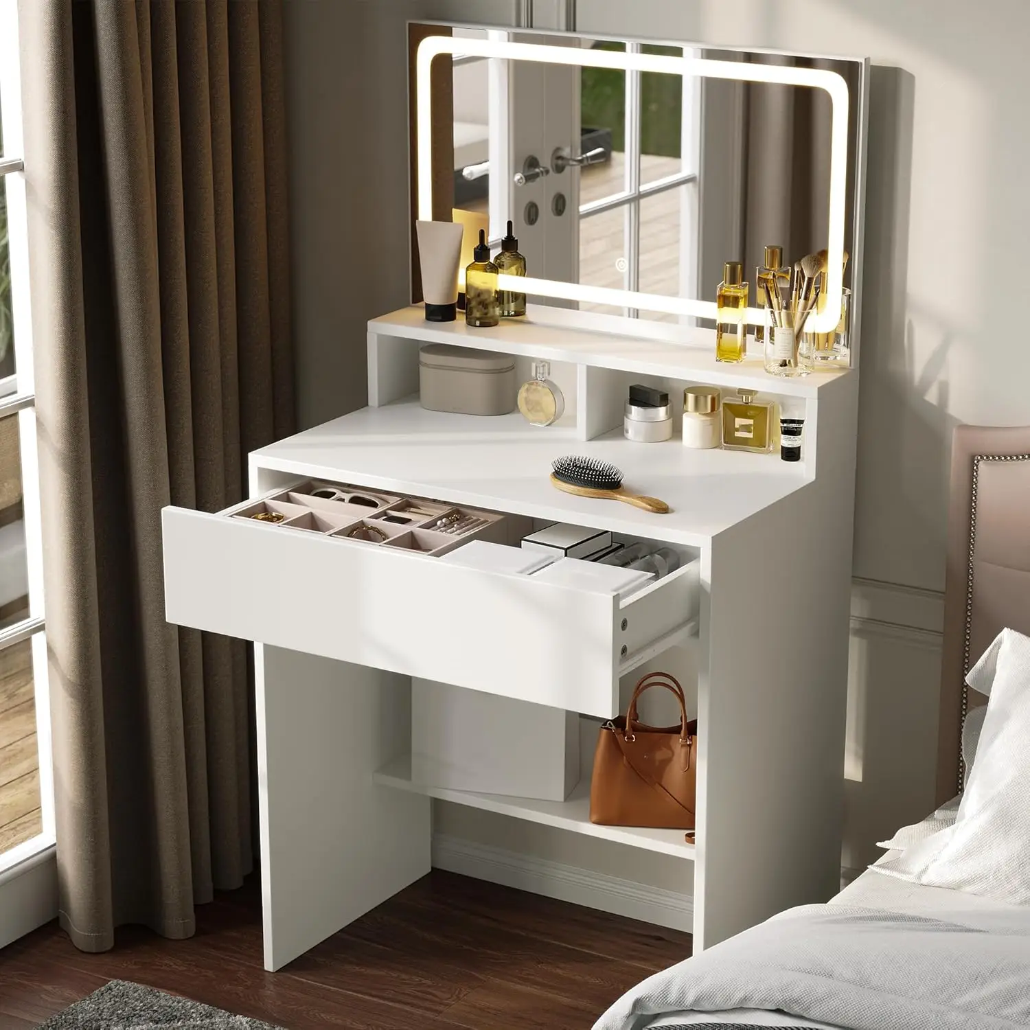 Dowinx Small Vanity Desk with Mirror and Lights, Small Makeup Vanity Desk with LED Lighted Mirror, Makeup Table with 3 Lighting
Dowinx Small Vanity Desk with Mirror and Lights, Small Makeup Vanity Desk with LED Lighted Mirror, Makeup Table with 3 Lighting
