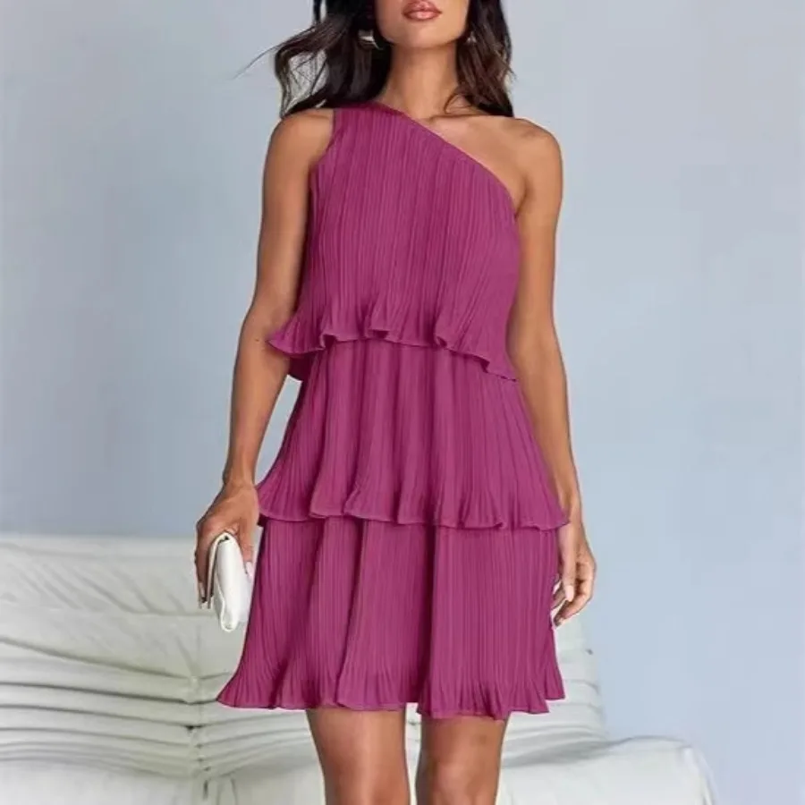 【New style】Women's fashionable hit, sloping shoulders, layered stitching, hem, pleated sleeveless solid color dress
【New style】Women's fashionable hit, sloping shoulders, layered stitching, hem, pleated sleeveless solid color dress