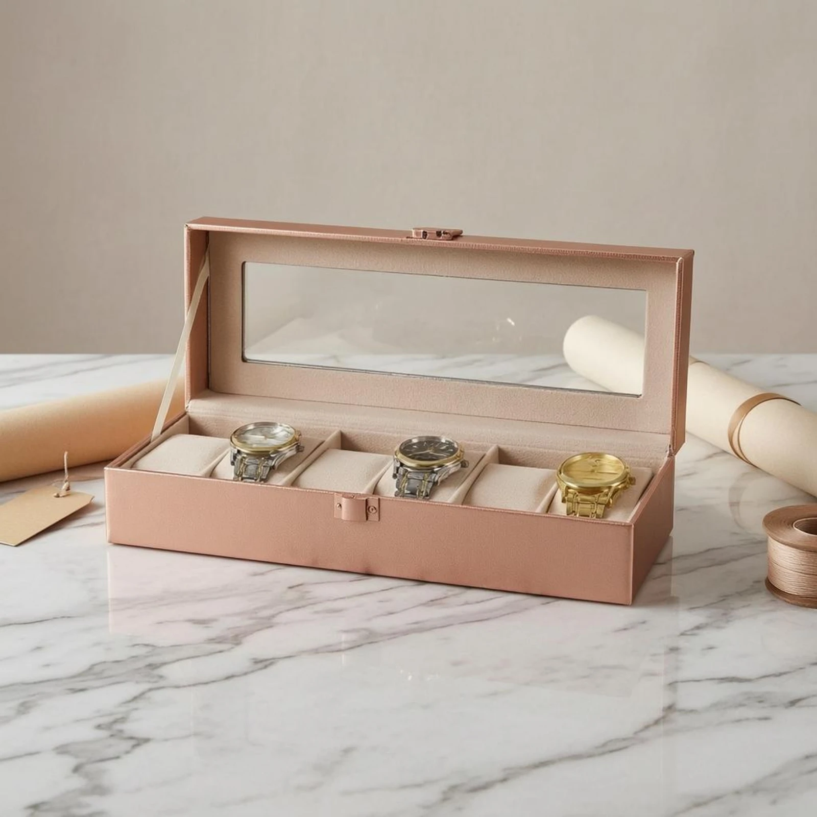 6 Slot Watch Box Front Clasp Glass Lid Watch Box Textured Finish Transparent
6 Slot Watch Box Front Clasp Glass Lid Watch Box Textured Finish Transparent