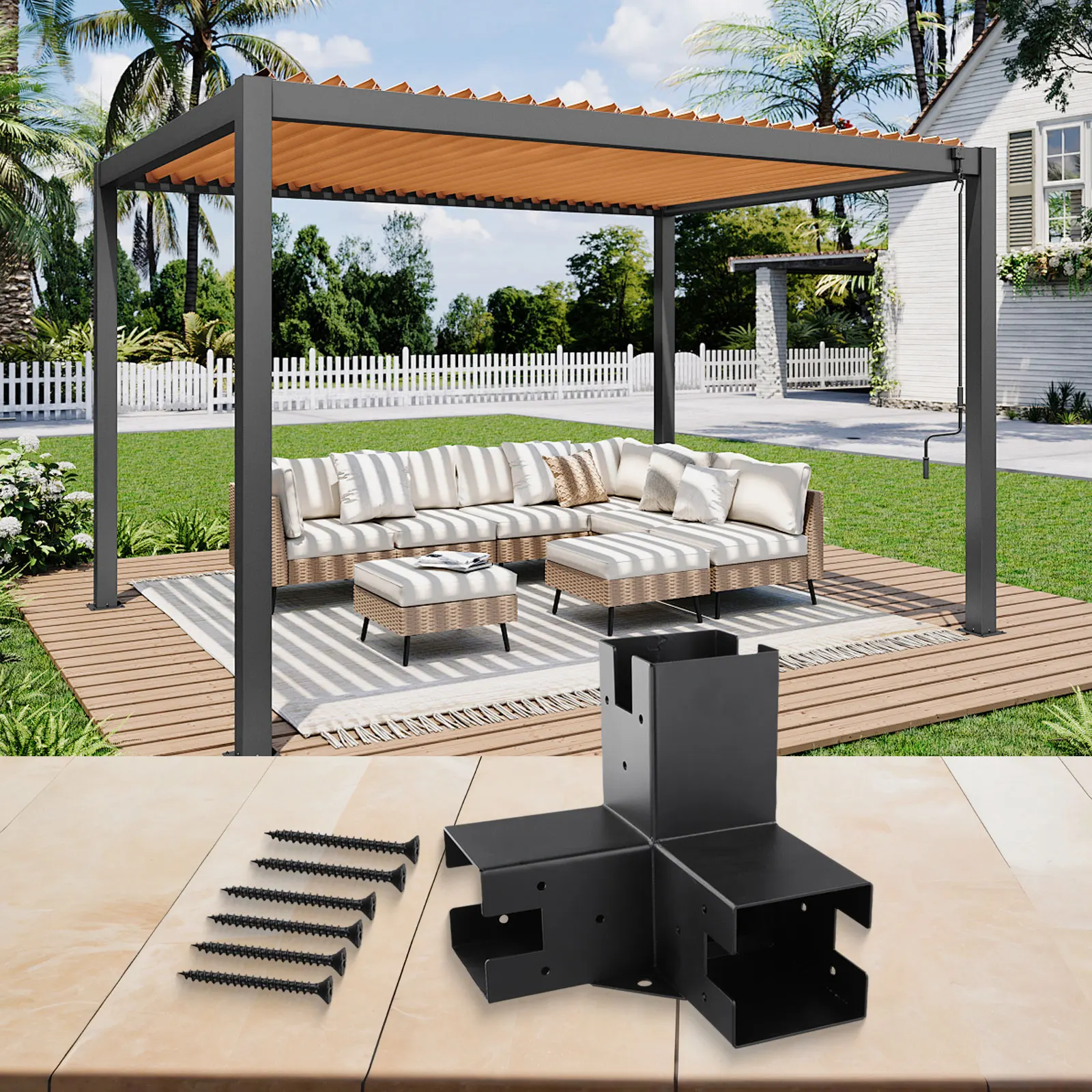 90 Degree Woodwork Kit Pergola Post Base Outdoor Use Pergola Construction Weather-Proof Performance Complete Installation Set
90 Degree Woodwork Kit Pergola Post Base Outdoor Use Pergola Construction Weather-Proof Performance Complete Installation Set
