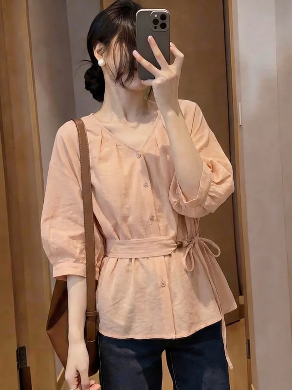 Pink V-neck Shoulder-Length Sleeve Shirt Women's plus Size Tie Waist Seven-eighth Length Top Korean Style Commute Fashion
Pink V-neck Shoulder-Length Sleeve Shirt Women's plus Size Tie Waist Seven-eighth Length Top Korean Style Commute Fashion